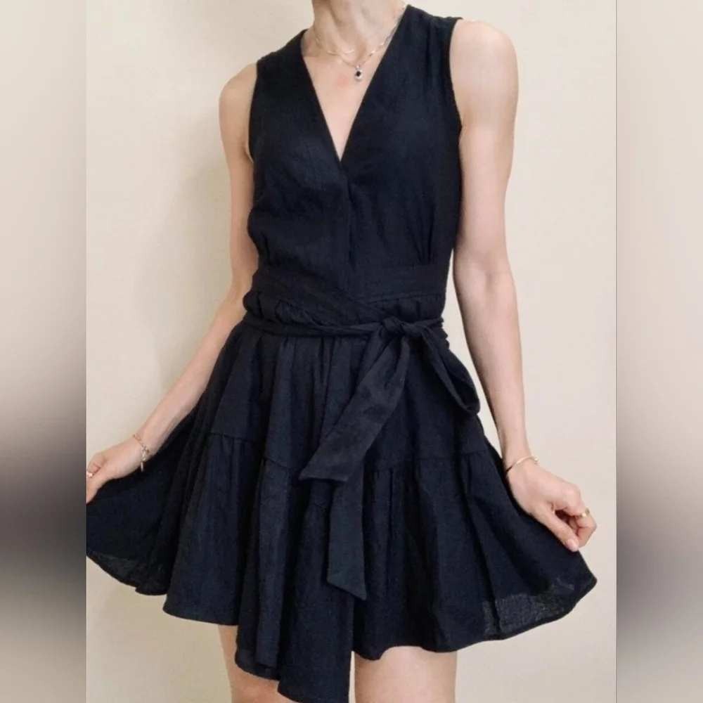 Christian Lacroix Black Linen Blend Wrap Dress Sleeveless Tie Waist Mini S
